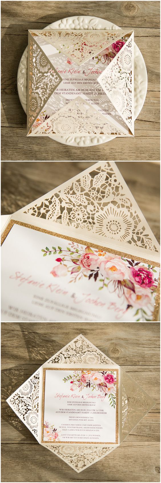 Bohemian rustic spring flower glittery gold laser cut invitations.