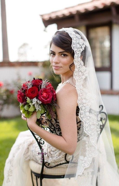 Spanish wedding veil Beaded lace veil in fingertip length Spanish wedding veil.