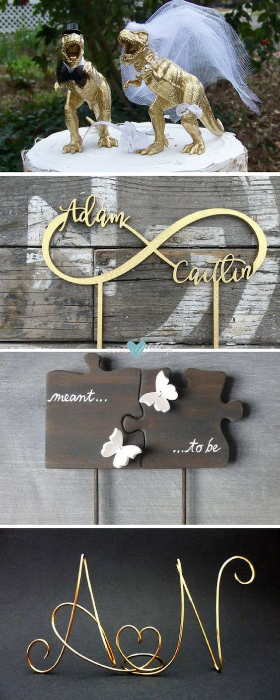 Guide to Wedding Cake Toppers Dinosaurs, infinity signs, puzzle pieces and a DIY on this complete guide to wedding cake toppers.