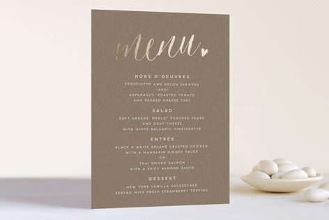 kraft color wedding menu cards with gold writing