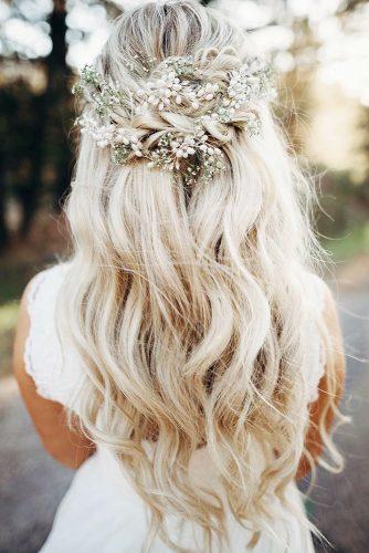 wedding hairstyles with flowers half up half down blond hair thomastimes