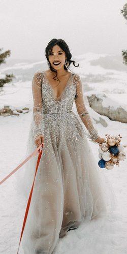  winter wedding dresses outfits a line with illusion long sleeves v neckline sequins silver arielechapman