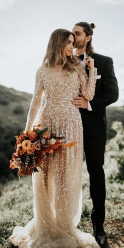 gold wedding gowns a line with long sleeves sequins chosen one day