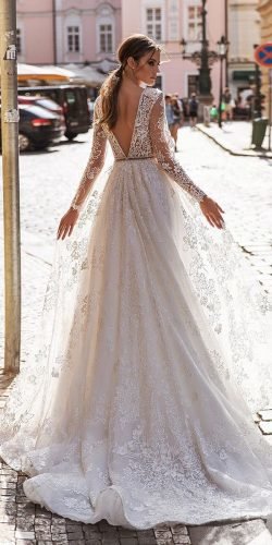  long sleeve wedding dresses a line v back delicate lace katycorso