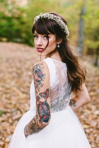 wedding hairstyles with bangs loose hair with baby breath flower crown phil chester photography
